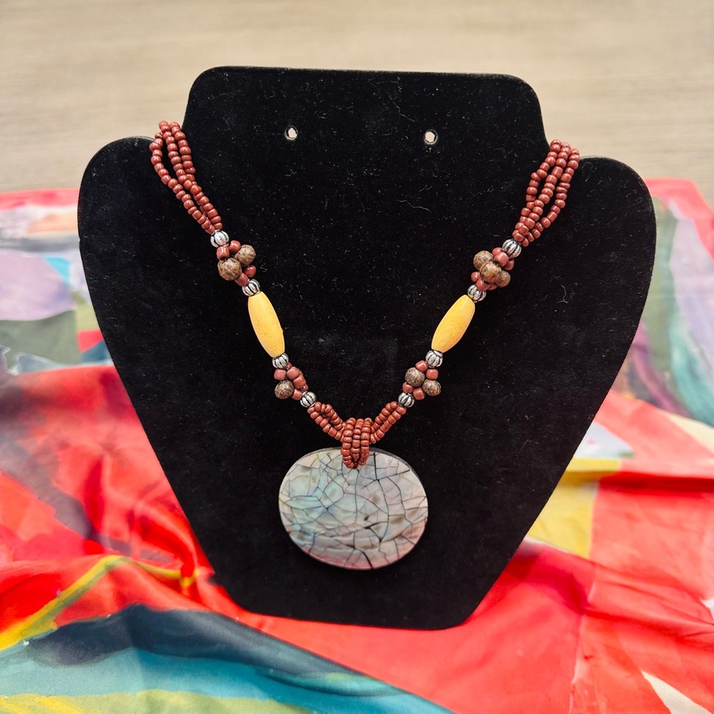Handcrafted Brown Beaded Necklace with Abalone Pendant